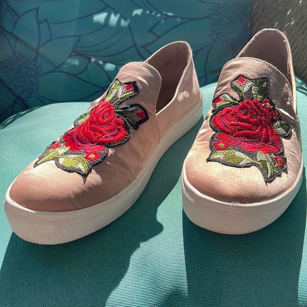 Vintage Satin Rose embroidered Slip Ons